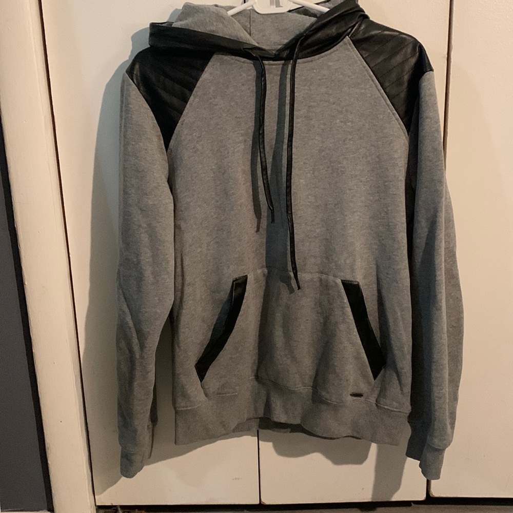 Mens gray and black sweatshirt with faux black leather trim